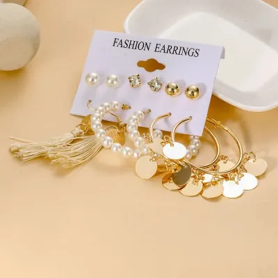 Fashion Big Pearl Circle Tassel Hoop Earring Set (6 pairs)
